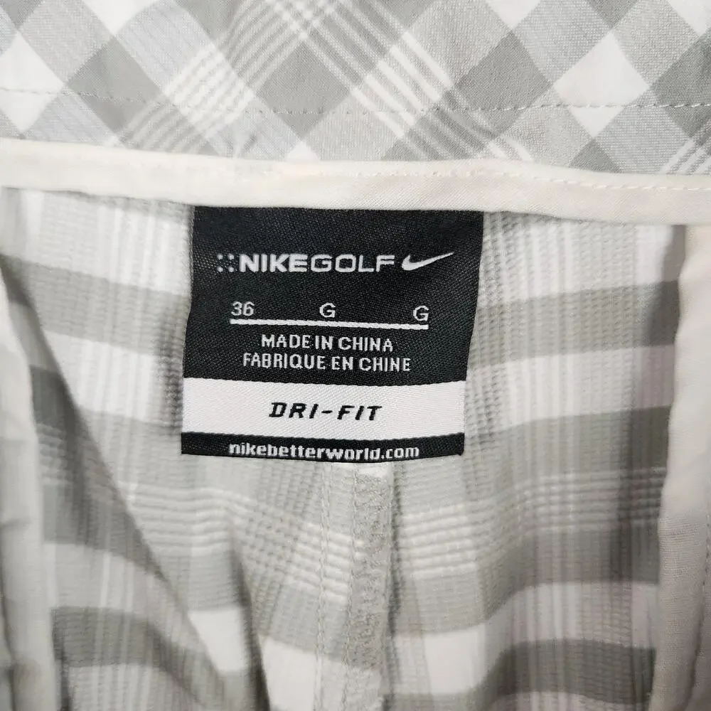 Nike Golf Shorts Mens 36 Gray White Check Plaid Dri Fit Performance Logo Pockets